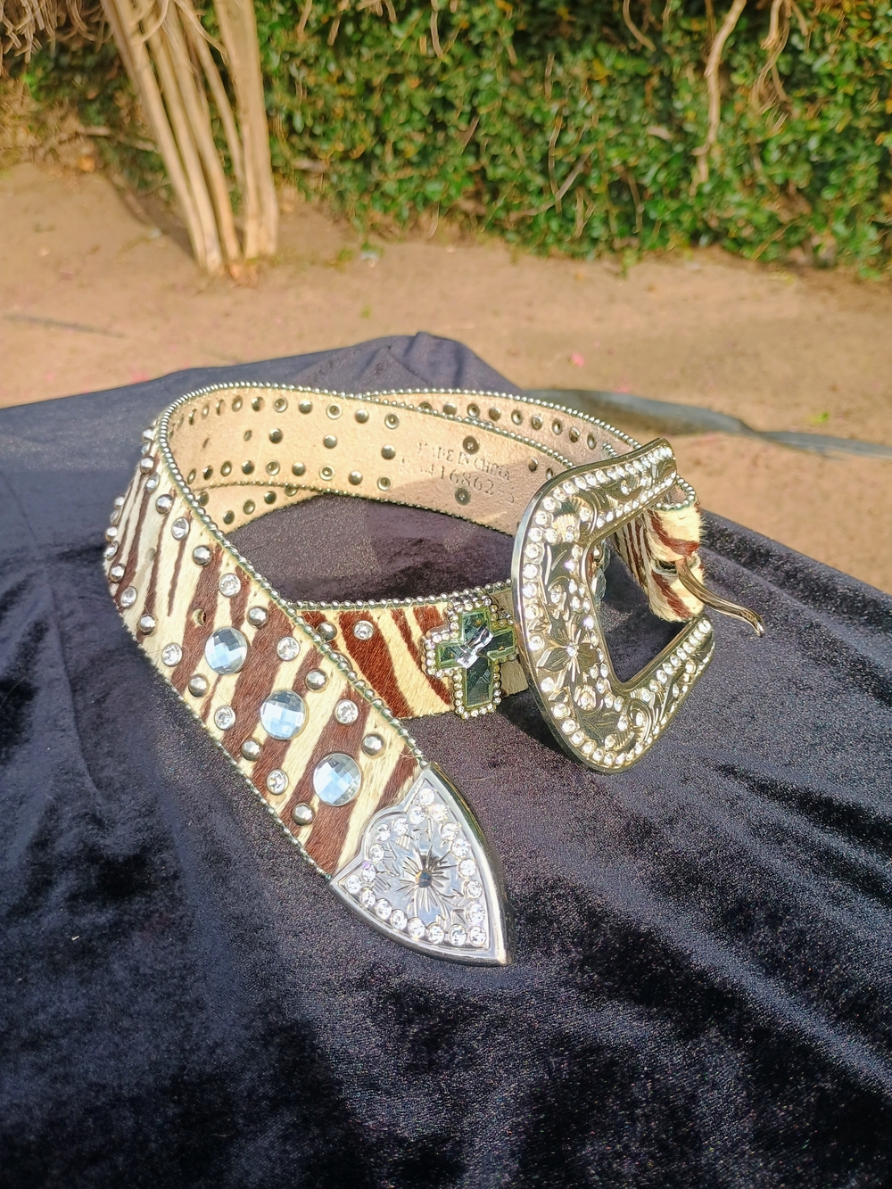 Blazin Roxx Zebra Hair-On-Hide Western Belt with Crystal Buckle - Brown/Cream